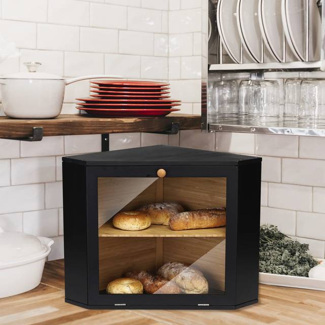 Bamboo Two-Layer Corner Bread Bin for Kitchen – Space-Saving and Stylish Storage. - Black
