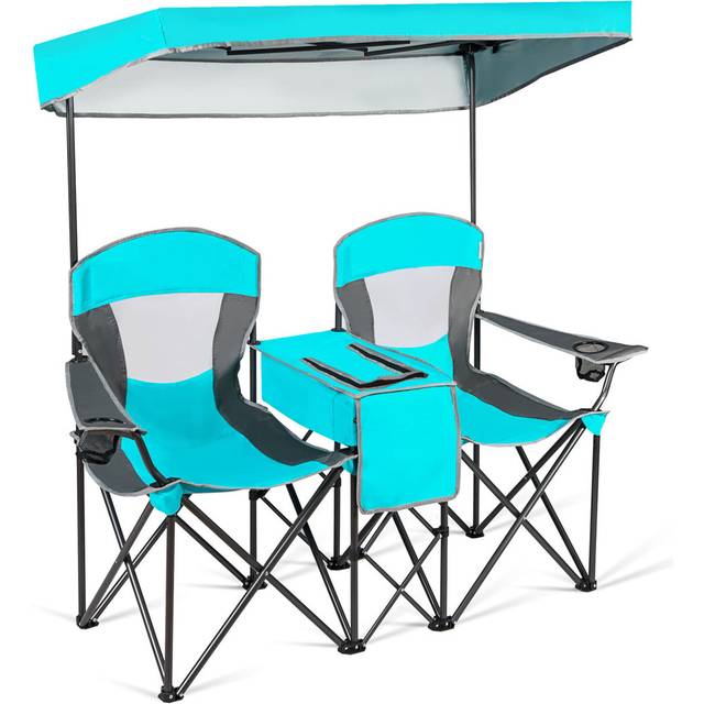 Double Sunshade Folding Chairs Outdoor 2-Person Chairs-Red - Blue (151cm H X 170cm W X 72cm D)