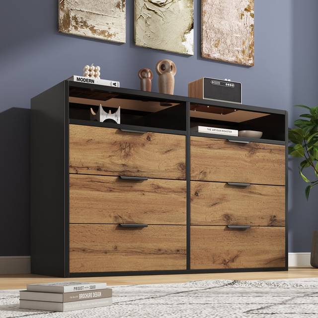 6 - Drawer, 2 - Shelf Amber Glass Sideboard Cabinet Dresser - Oak (80cm H X 40cm W X 120cm D)