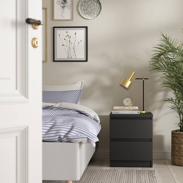 Bertraut Bedside 2 Drawers in Concrete/White high gloss - Black (49.5cm H X 40.4cm W X 50cm D)