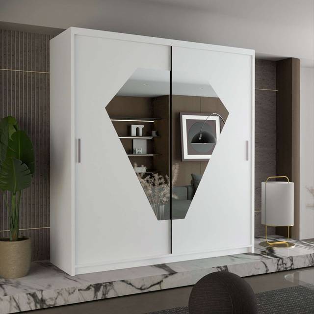 Modern Double Sliding Door Wardrobe in White/Black/Grey Colors with 150/203cm Sizes (217cm H X 203cm W X 62cm D)