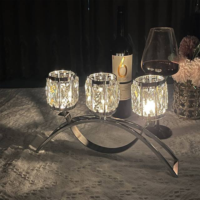 3 Arms Crystal Bowl Tealight Candelabra Votive Candle Stand, Wedding Centerpieces For Tables Crystal Candlestick,Centerpiece Table Decorations - Grey (10cm H X 42cm W X 19cm D)