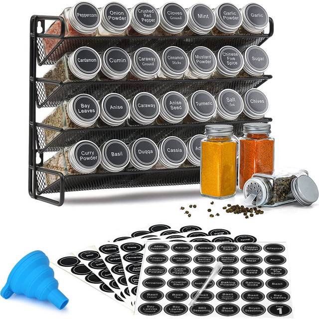 Spice Rack Organiser with 28 Spice Jars, 4-Tier Spice Organizer for Cabinet, 386 Spice Labels, Chalk Marker, and Funnel Set for Cupboard, Worktop