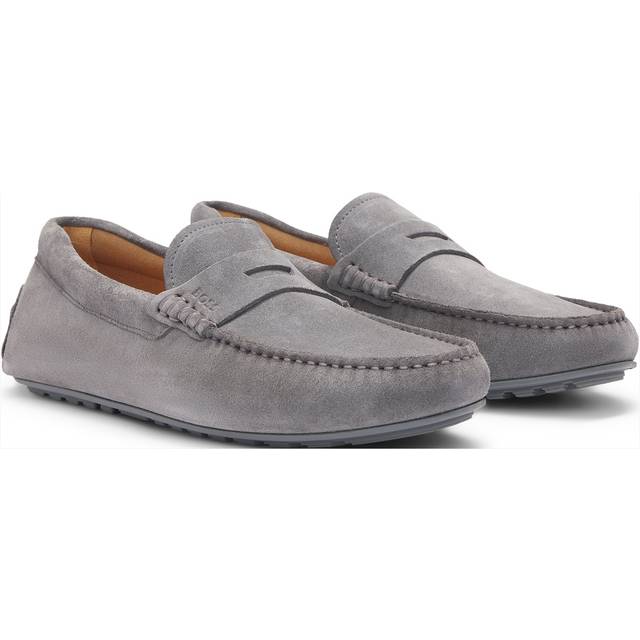 Portuguese-crafted moccasin loafers in suede with penny trim