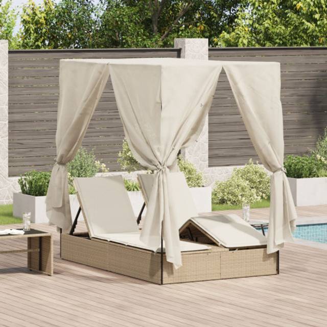 Double Sun Lounger with Roof and Curtains Beige Poly Rattan Vidaxl