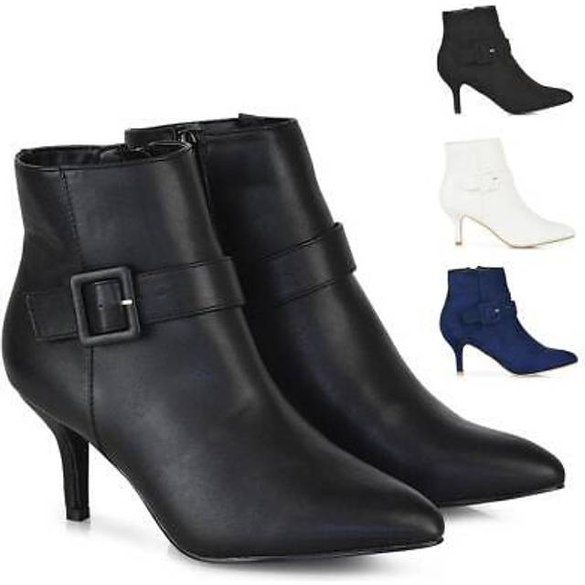 'Lara' Buckle Detail Pointed Toe Low Stiletto Heel Ankle Boots - Jet Black - 3