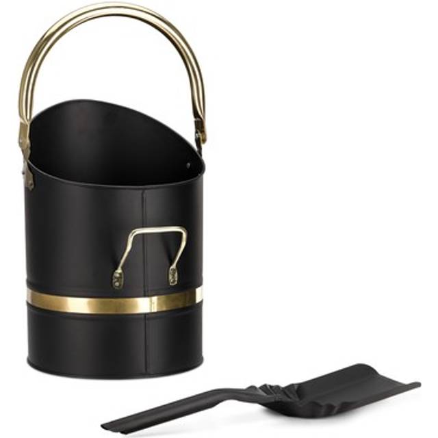 Navaris Fireplace Ash Bucket - Black Metal Bucket with Handle and Shovel for Fire Ash Charcoal and Coal - Home Wood Burner Pit Fireplace Accessories
