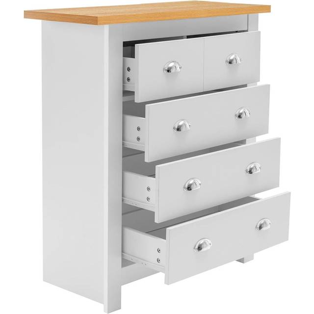 5-Drawer Dresser with Light Wood Top, White Bedroom Storage Chest, Silver Handles, W79cm (95cm H X 79cm W X 39.5cm D)