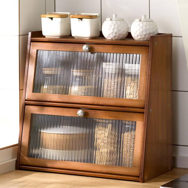 Bamboo Spice Condiment Organizer with Door Waterproof Bamboo Countertop Storage Cabinet for Home 2 Layer 40x25x27cm