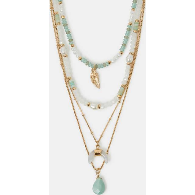 Gold Feather Pendant Bead Layered Necklace Turquoise - Accessorize - One Size