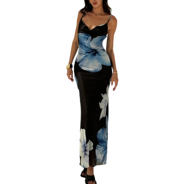Aloruh Women&#39;s Floral Printed Slim Fit Low-Cut Draped Neck Cami Dress With Sheer Back And Spaghetti Straps,Summer Dresses For Women,Tea Party Dress