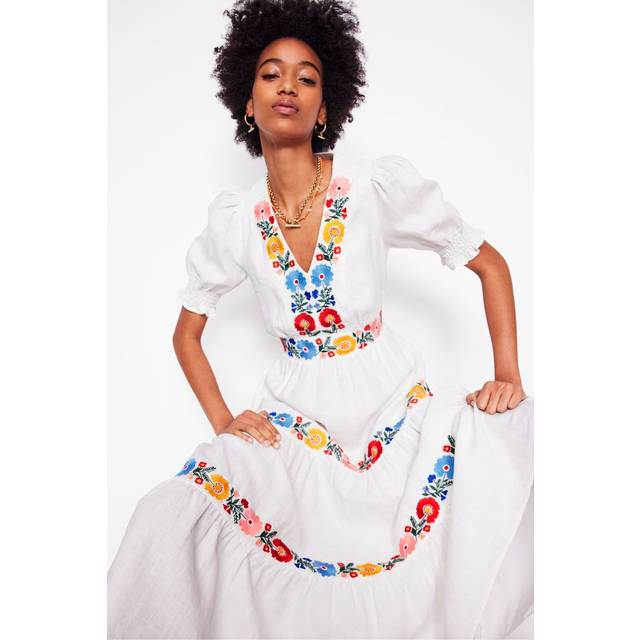 Boden Anna Linen Embroidered Tiered Midi Dress, White/Multi