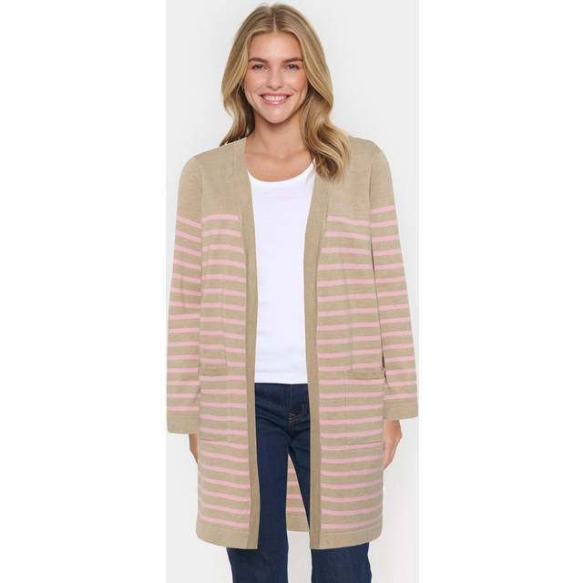 Saint Tropez, Long Knitwear, female, Multicolor, 2XL, Striped Open Cardigan Taupe Pink
