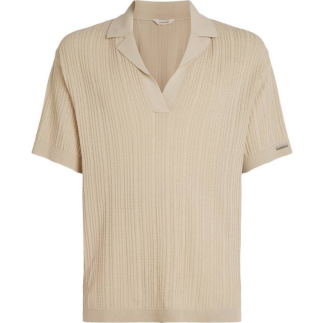 Calvin Klein Open Knit Polo Shirt - Cream, Cream, Size S, Men