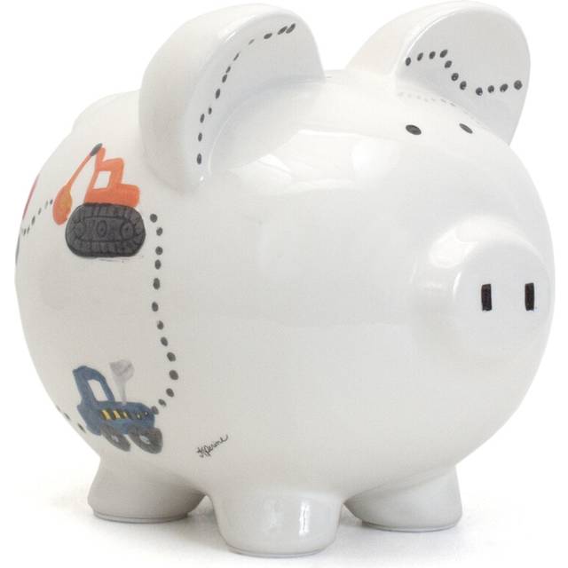 child to cherish ceramic Piggy Bank for Boys, Hard Hat construction Trucks