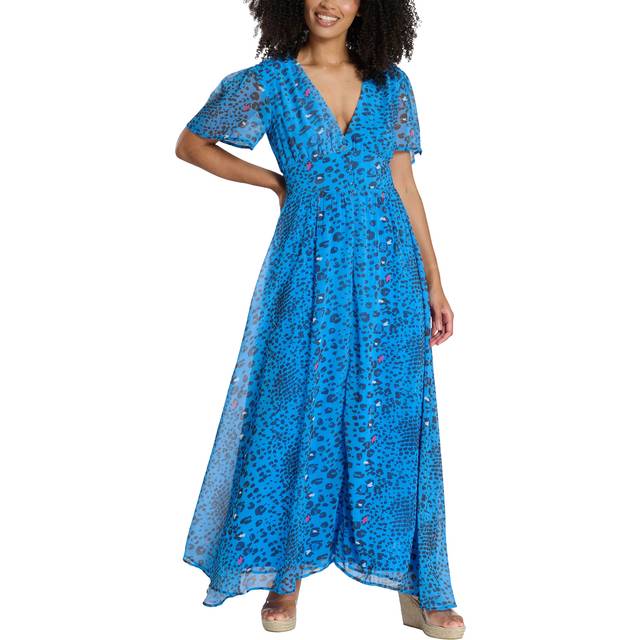 South Beach Printed Metallic Chiffon Button Detail Midi Dress, Blue, Size 10, Women