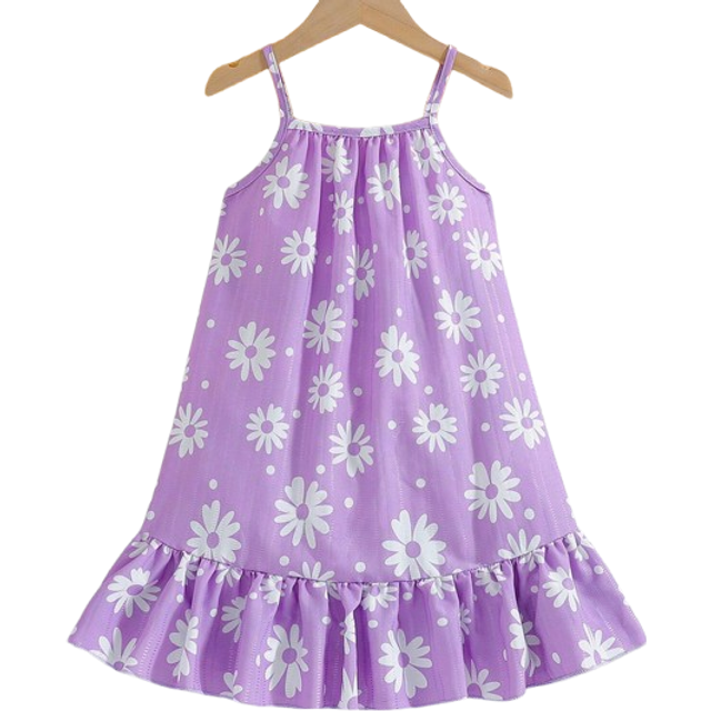 SHEIN Young Girl Summer Holiday Beach Playtime Purple Small Crinkled Blossom Pattern Sleeveless Loose Fit Mid-Length A-Line Strap Dress, Summer
