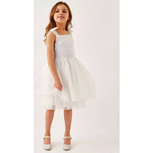 Monsoon Kids' Olivia Pearl Ruched Tulle Dress, Ivory