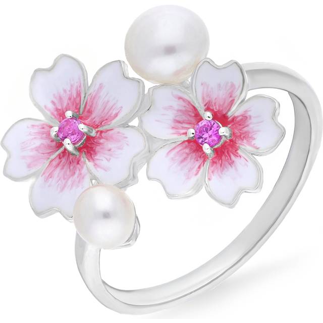 Sterling Silver Pearl Pink Sapphire Double Cherry Blossom Flower Ring