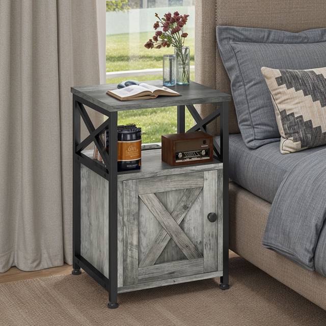 Small Table with Built-In Outlets,Sofa Side Table - Grey Wood (60cm H X 40cm W X 35cm D)