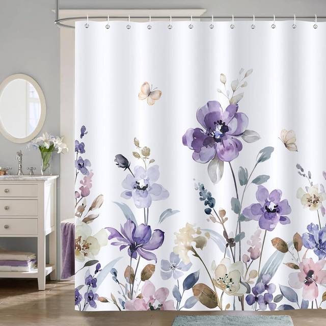 Watercolour Floral with 12 Hooks Shower Curtain - Purple Flower (183cm H X 183cm W)