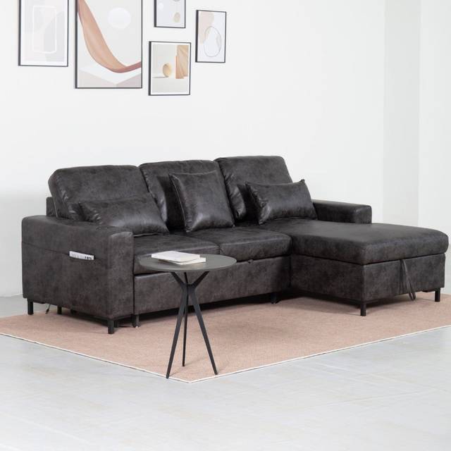 Pu Sofa With Corner Chaise And Storage - Grey (71cm H X 233cm W X 85cm D)