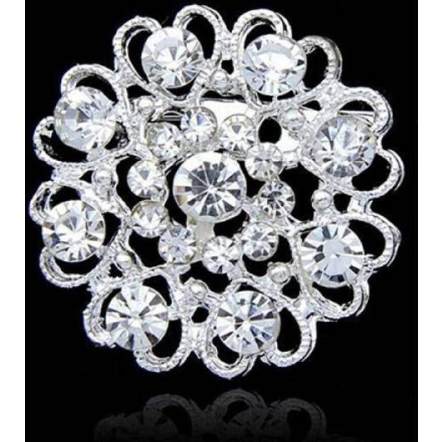 Rhinestone Crystal Brooch Hollow Out Collar Pin Silver Plated Flower Jewelry
