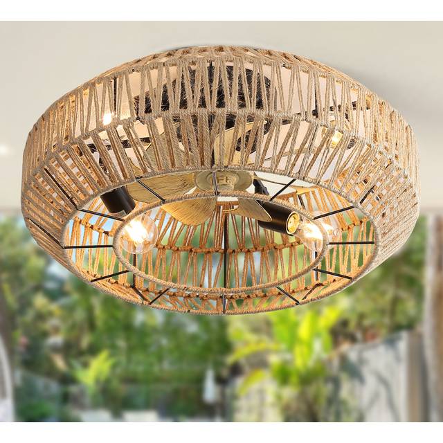 56CM Caged Ceiling Fan With Remote Control And Light Kit Included - Beige Wood