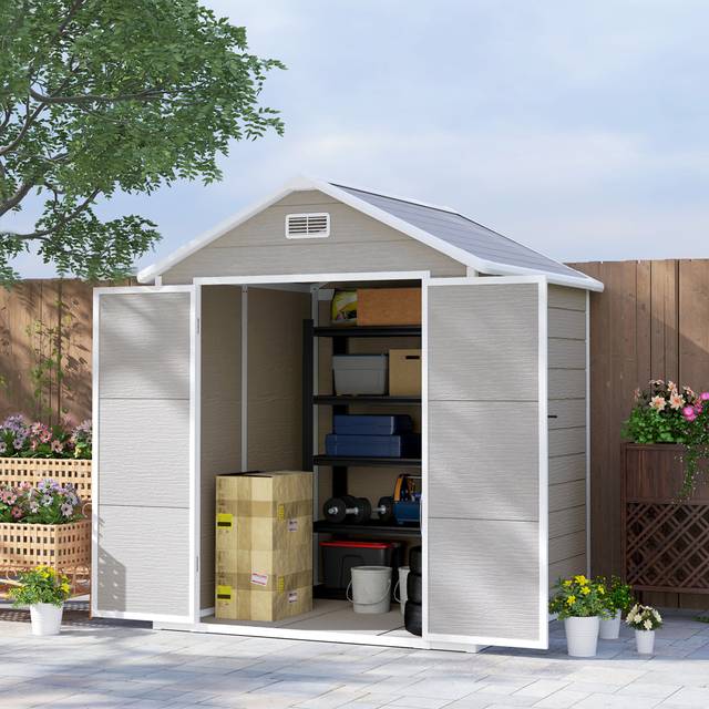 Garden 6 ft. W 5 ft. D PP Resin, Aluminium Reverse Apex Storage Shed - Dark Grey (182cm W X 151cm D X 219cm H)