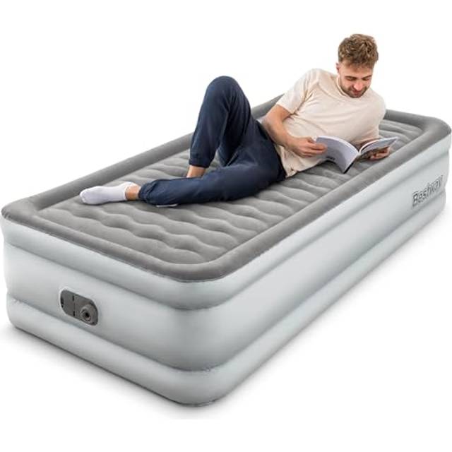 Bestway King Queen Double Single Size Air Bed | Airbed with Built-in Electric Pump, Fast Inflation, Wave Beam Support Mattress with Storage Bag, Grey