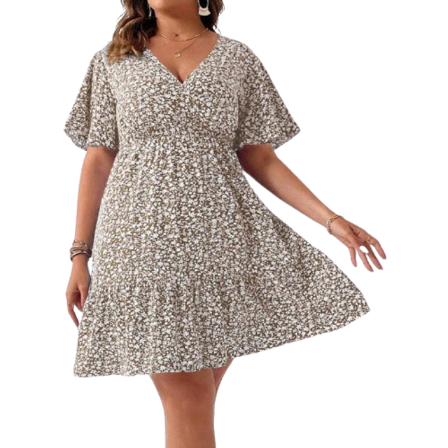 Franclia Plus Size Boho V-Neck Ruffled Sleeve Cinching Waist Dress For Vacation, For Summer