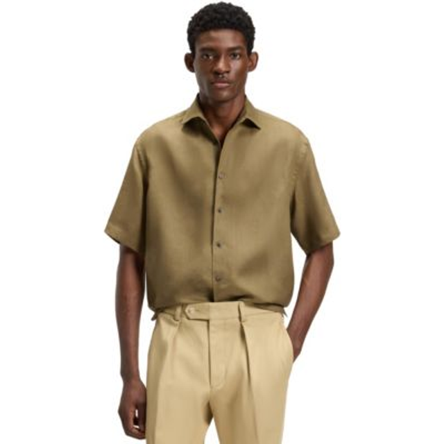 BOSS Khaki BECKHAM Edition Relaxed-Fit Linen Shirt - 316-Medium Green - L