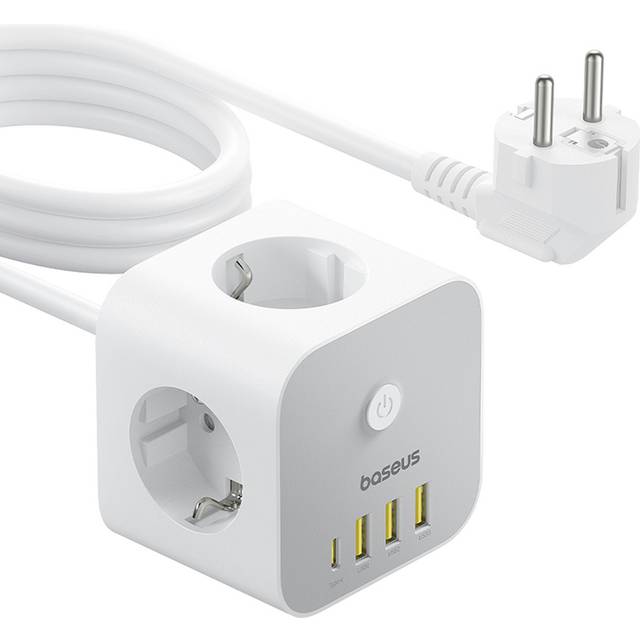 Baseus PowerCombo Power Strip Cube, 3x AC / 3x USB-A / 1x USB-C, 1.5 m - Vit