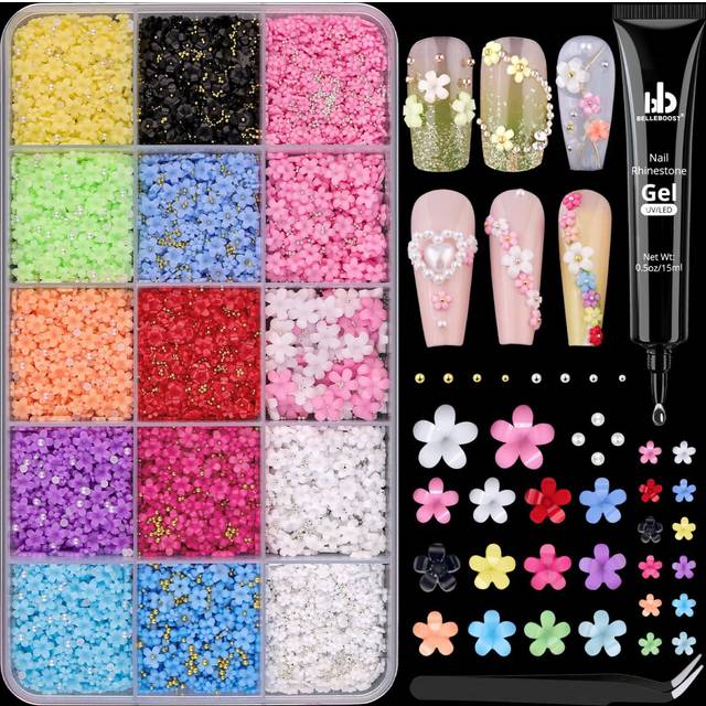 3D Flower Nail Charms with Rhinestone Glue Gel for Nail Art  Colorful Acrylic Flower Nail Charms with Caviar Beads and Flatback Pearls  Spring Blossom