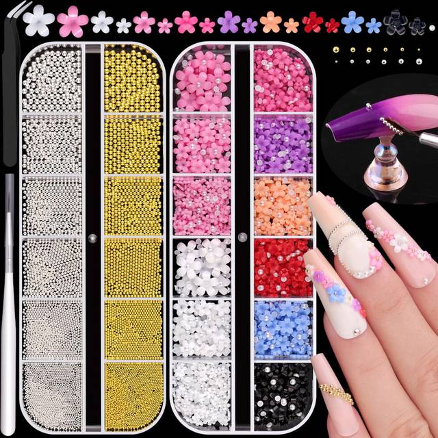 2 Boxes Metal Nail Beads (Silver+Gold) and Colorful 3D Flowers for Nail Art  Flatback Pearls (White) Blossom Pearl Nail Charms and Round Caviar Beads
