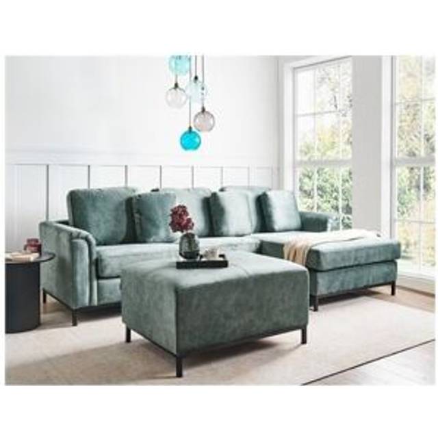 Beliani - Modern Corner Sofa with Ottoman L-Shape Water-Repellent Pet-Friendly Velvet Fabric Steel Legs Left Hand Teal Blue Oslo