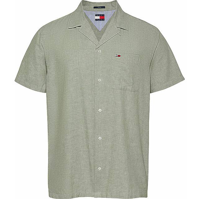 Tommy Jeans Linen Blend Camp Collar Short Sleeve Shirt - Green, Green, Size Xl, Men - XL