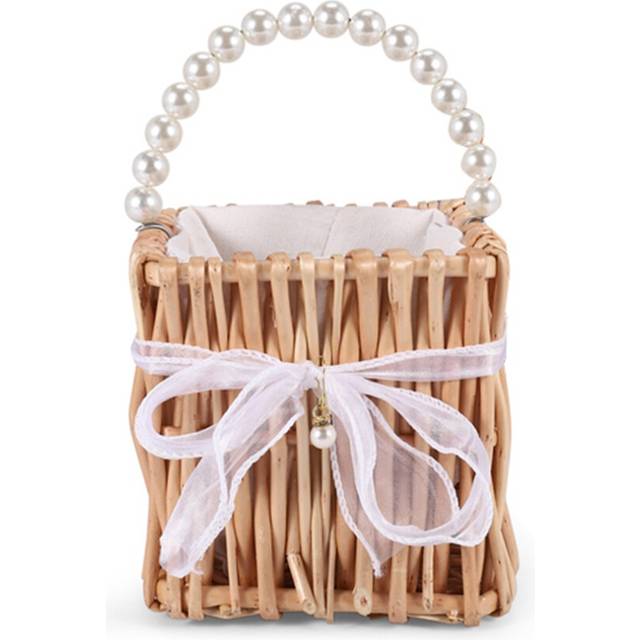 Woven Storage Basket Handle and Ribbon,Wedding Flower Girl Baskets Wicker Rattan for Home Garden Decor