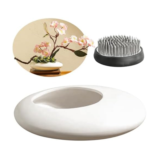 Sentimental CeramicVase Set, Pebble Shaped Flower Arrangement Bowl with 2 Inch FlowerFrog Pin Frog Stem Holder White