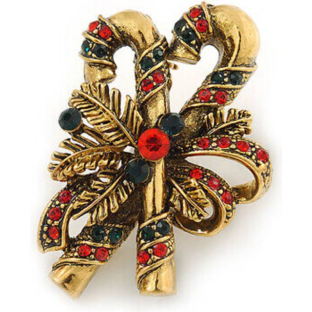 Vintage inspired green/ red crystal candy cane christmas brooch in antique gold