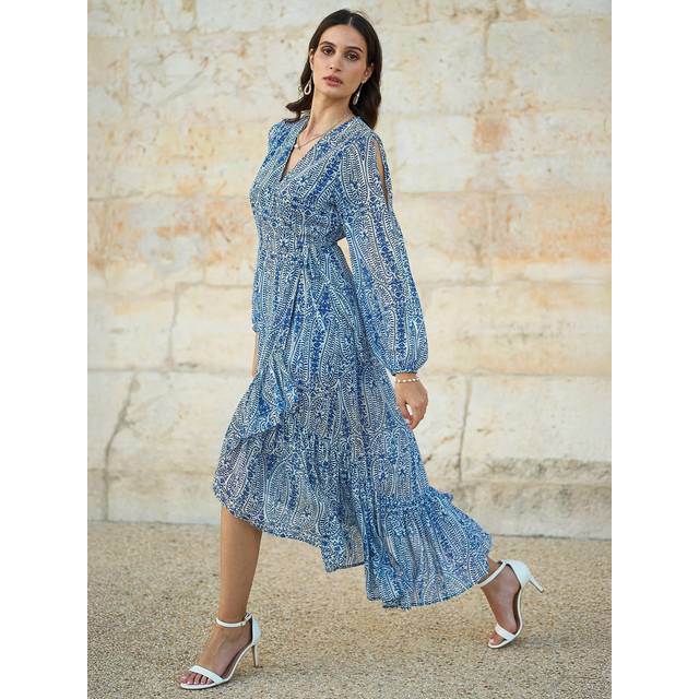 Yumi Paisley Dip Hem Midi Dress, Blue