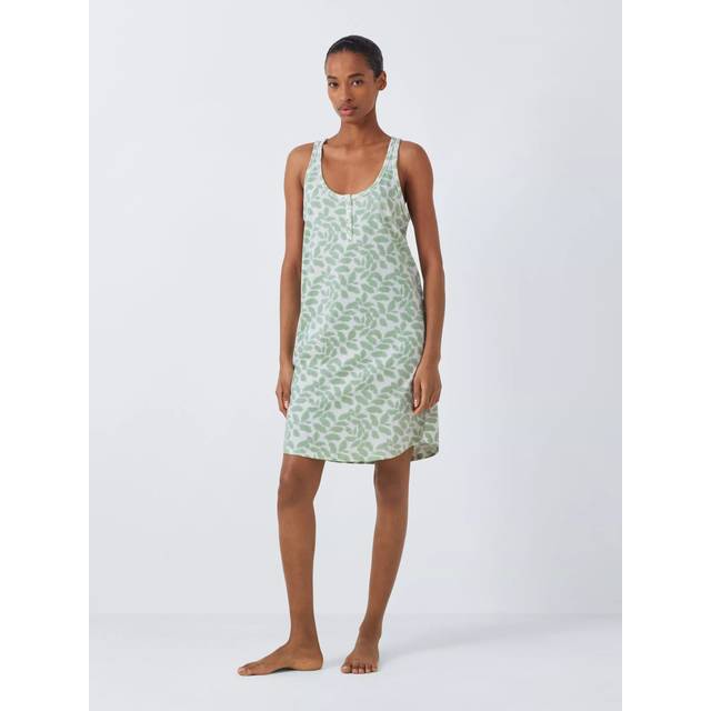 John Lewis Leaf Print Sleeveless Nightdress, White/Sage