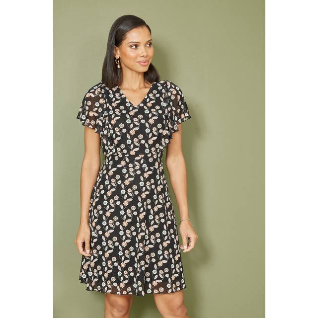 Yumi Women's Black Floral Leaf Print Mini Dress New Look - UK 10