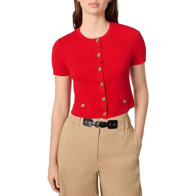 Cardigan Court À Boutons Dorés - Rouge - Maje -  Matière principale: 39% coton, 29% viscose, 28% polyamide, 4% soieBord-côte: 45% coton, 35% viscose, 16% polyamide, 4% soie - Prêt-à-porter > Hauts > Cardigans