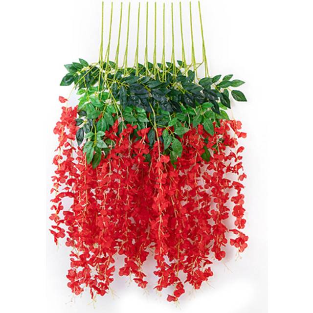 Simulated 6 Leaves Wisteria Decoration Silk Flower Artificial Faux Indoor Vine Wisteria Ornament red