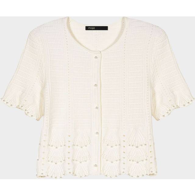 Cardigan En Maille Pointelle Perlée - Blanc - Maje -  Matière principale: 89% coton, 10% polyamide, 1% elasthanneBord-côte: 100% coton - Prêt-à-porter > Hauts > Cardigans