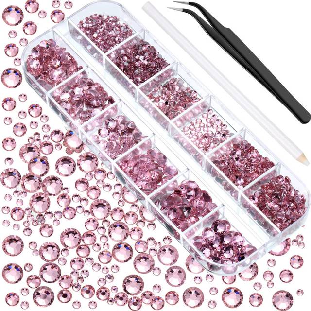 2000 Pcs Pink Crystal Rhinestones Bulk for Crafting 6 Sizes Flatback Nail Rhinestones Round Bedazzling Nail Gems with Tweezer Picking Pen for Nail Art