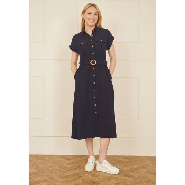 Yumi Navy Viscose Linen Look Midi Shirt Dress With Wooden Belt - Size 18 UK - Yumi