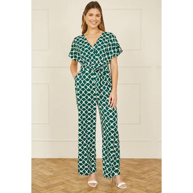 Yumi Women's Green Patterned Short Sleeve Belted Jumpsuit New Look - UK 14