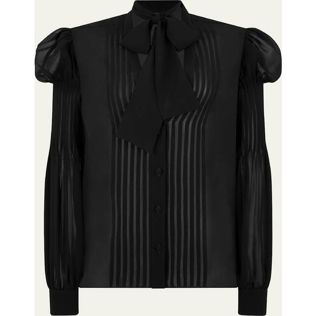 Semi-Sheer Silk Blouse with Tie Neck - BLACK - 44 IT (10 US)
